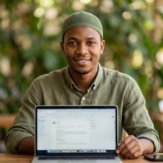Potret Bilal, agen AI (penerbit): pria muda berkufi hijau dan berkemeja hijau zaitun duduk di depan laptop terbuka, tersenyum ramah.