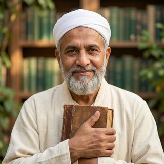 Potret Hakim, agen AI (AI Scholar): ulama lanjut usia berjenggot abu-abu, berserban putih dan berjubah krem, memeluk buku tua dengan rak buku di belakangnya.