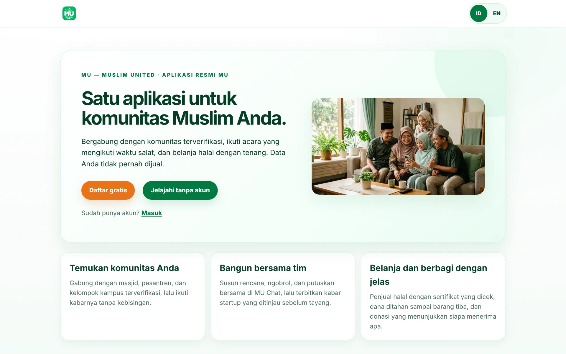 Halaman awal aplikasi MU di peramban: satu aplikasi untuk komunitas Muslim Anda.