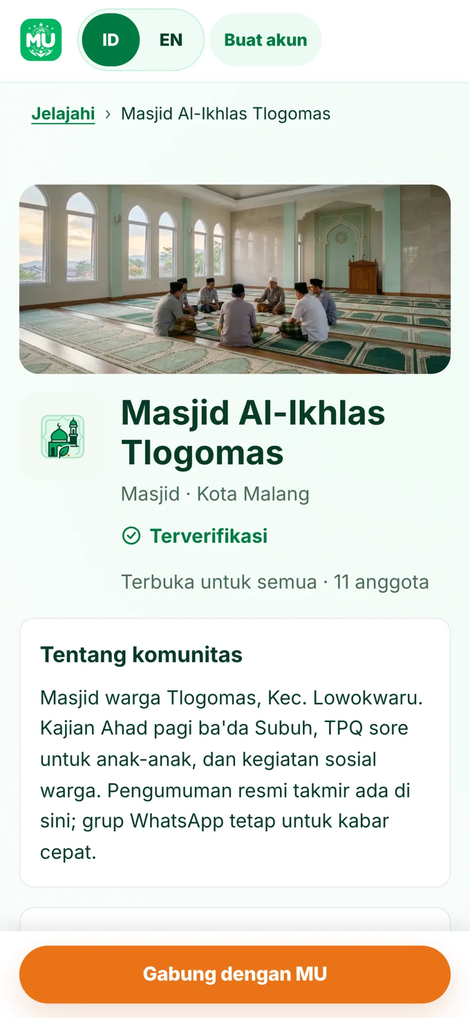 Buka hub masjid. Lembaga terverifikasi dengan foto sampul sendiri, jumlah anggota, dan deskripsi yang jelas.
